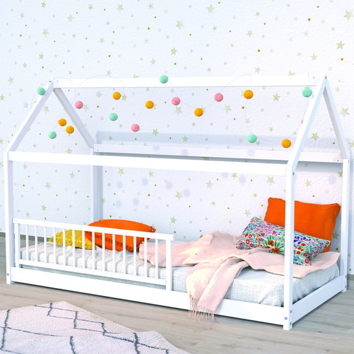 Lit cabane 90x190 barrière de lit amovible et sommier inclus Panda - Blanc Lit cabane 90x190 barrière de lit amovible et sommier inclus Panda - Blanc