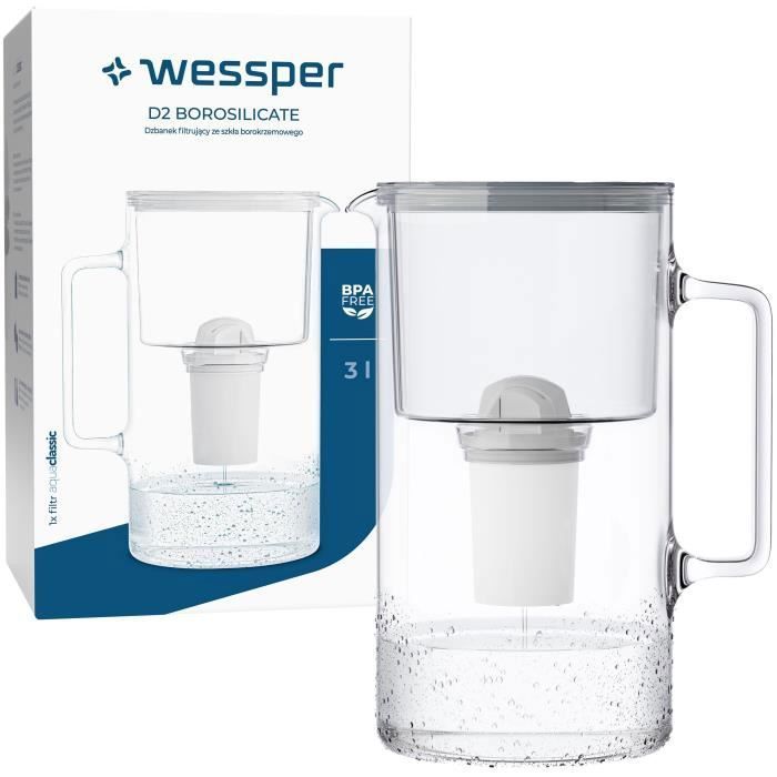 Wessper Carafe Filtrante en Verre + 1 cartouche Carafe deau Capacité de 3 L Filtres eau Compatible avec Brita Classic