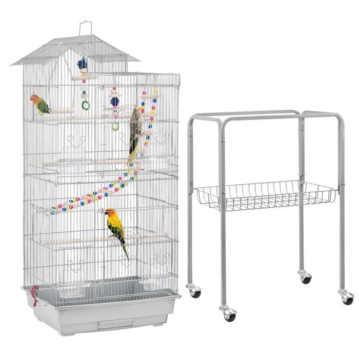 Comparer les prix de Cage à Oiseaux sur Pied - 46 x 36 x 159 cm - Équipé 3 Perchoir en Bois 4 Mangeoires 3 Jouets et 1 Swing - Gris Clair - Yaheetech