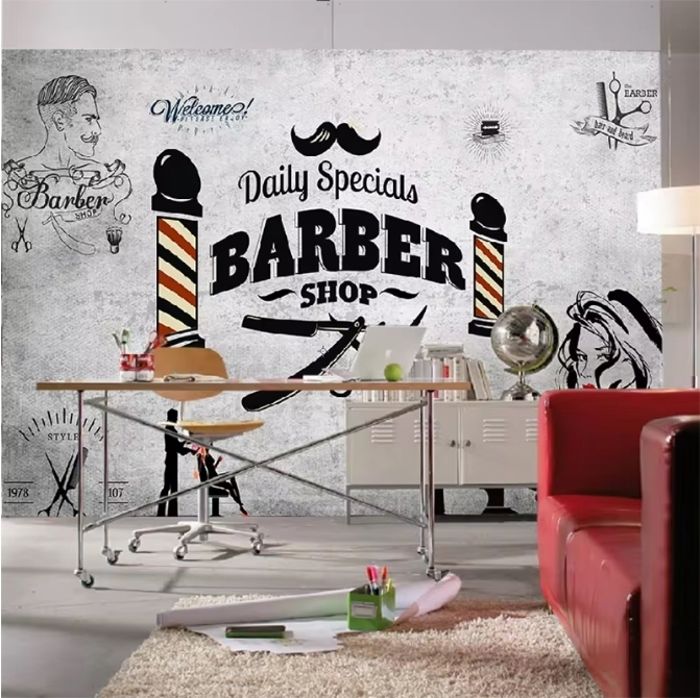 Papier Peint Adhésif 3D – Salon Coiffure, Motif Coupe Cheveux Et Panda, R1614