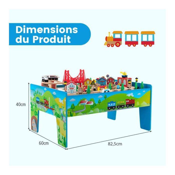 Table Circuit De Train En Bois DREAMADE - 84 Pièces, Plateau Réversible