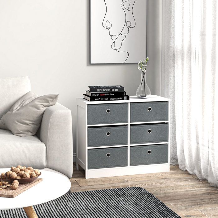 HOMCOM Commode 6 tiroirs en tissu gris meuble de rangement pour