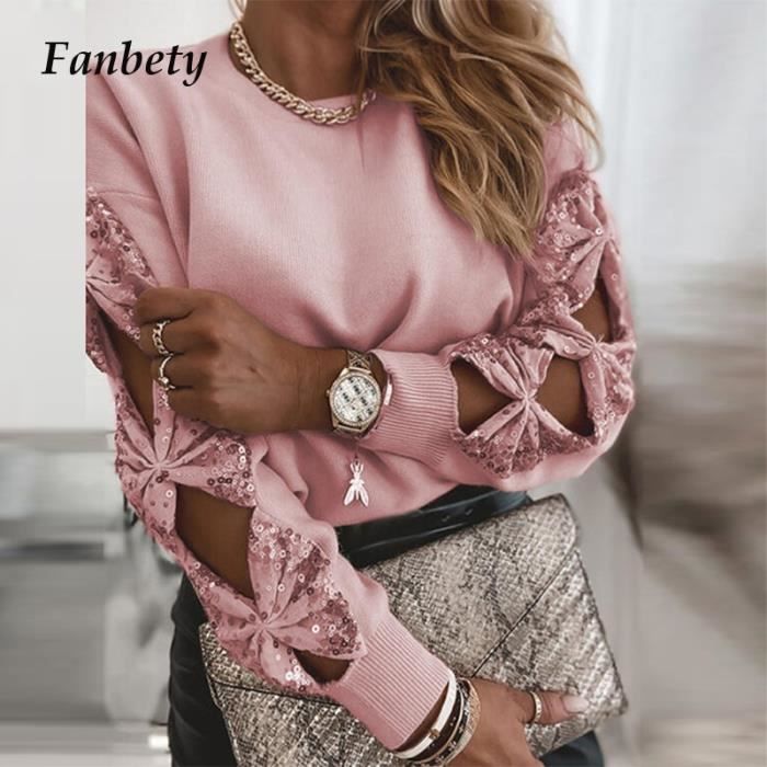 Blouse femme 2021 printemps femmes mode Sequin Patchwork hauts elegant evider n ud a manches longues Blouse chemise Type Gray Blanc Cdiscount Pret a Porter