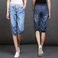 Pantacourt Femme Jeans Taille Haute Pantalon Taille Élastiquée Femme Ete - Bleu-2