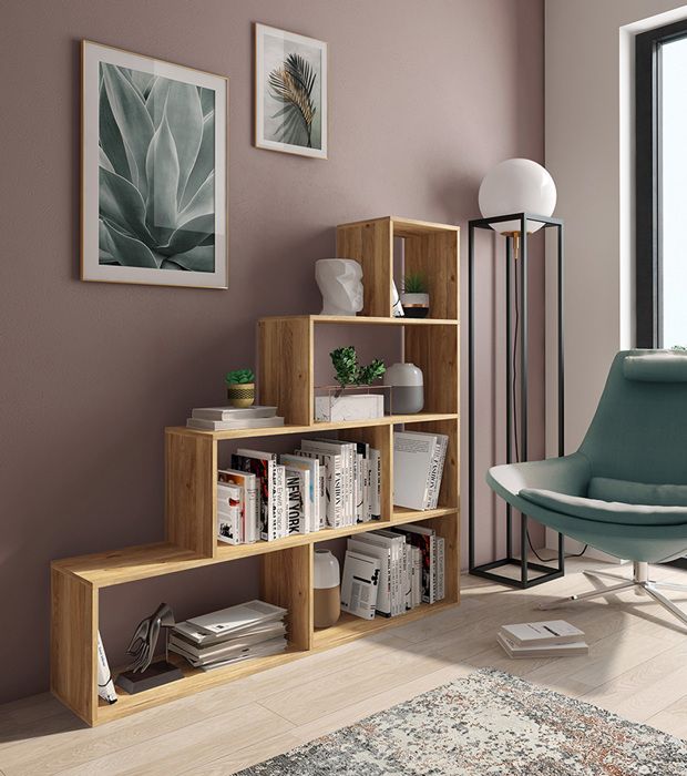 Meuble Étagère Escalier Five - 6 Cases Rangement - Effet Chêne - 102x32x102cm