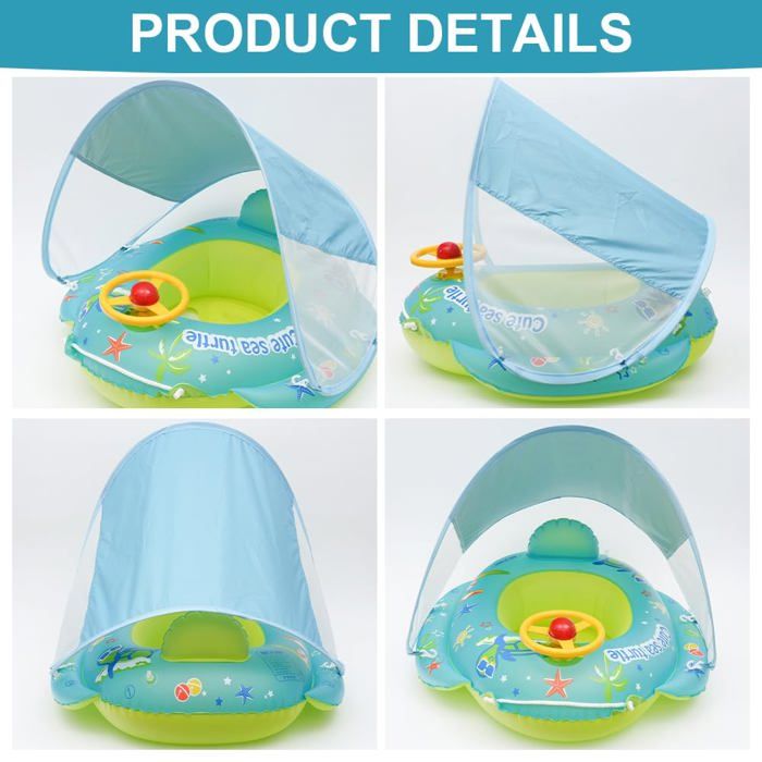Bouée De Natation Bébé – Pare-soleil UPF50+ Amovible – 1-4 Ans – Siège De Sécurité, Volant, Klaxon – Gonflable – Bleu