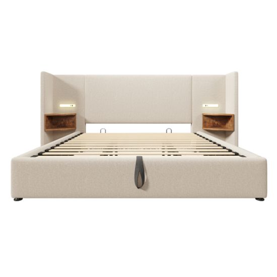 Lit Double 180x200 Avec LED Et Charge USB - Sommier à Lattes, Coffre Hydraulique, Tissu Lin Beige - Sans Matelas - 10