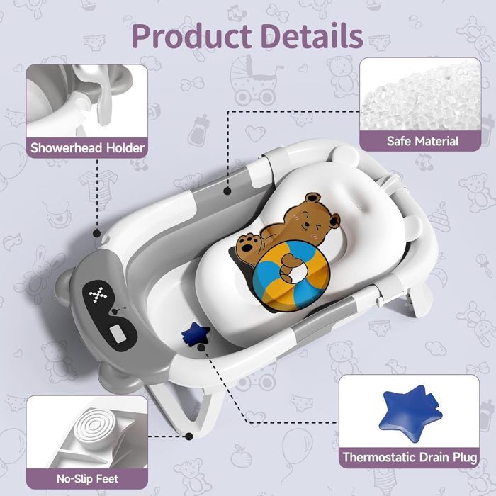 Baignoire Bébé Pliable Avec Thermomètre Intégré - Coussin De Bain, Bouchon Indicateur De Température - Pour Nouveau-né à Bambin (gris Ours)
