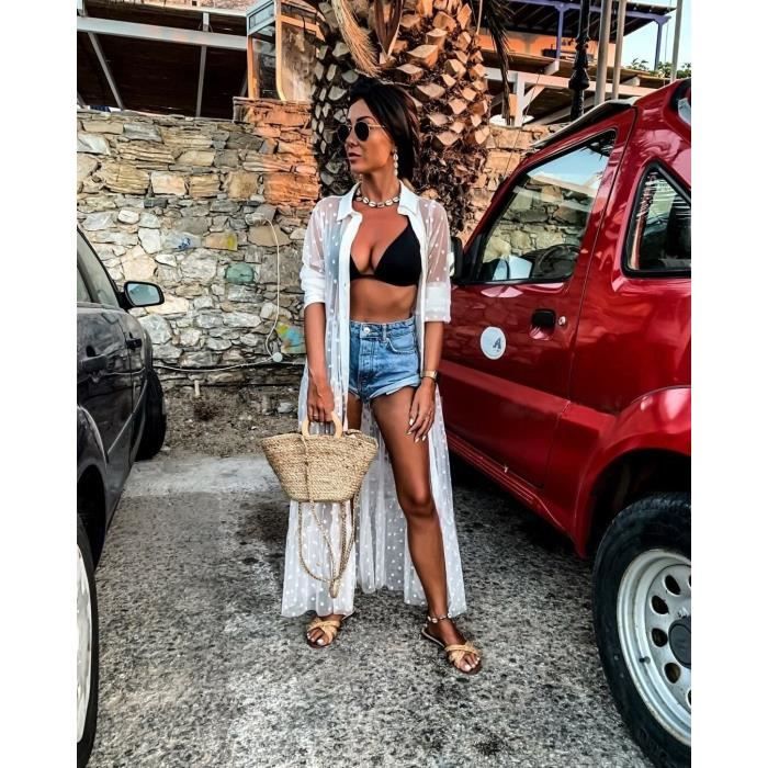 Robe Cache maillot transparent en maille pois pour femme Long