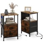 COSTWAY Lot de 2 Tables de Chevet Industrielles avec Station de Charge-Ports USB et Prises CA, 2 Tiroirs et 6 Poches Latérales