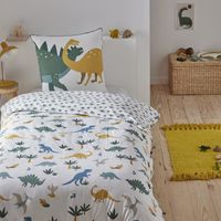DINO - Parure de lit enfant en coton 57 fils imprimé blanc et vert 140x200cm