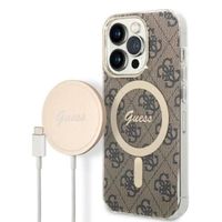 Guess Bundle Pack MagSafe 4G - Ensemble coque pour iPhone 14 Pro Max + chargeur MagSafe (Marron/Or) - 3666339102920
