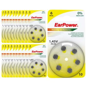 PILES 120 piles auditives EarPower A10 - Lot de 20 Plaqu