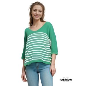 PULL Pull femme rayé - Pull col en V - Manches 3/4 - Couleur Vert