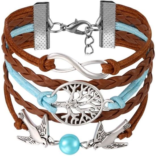 Bracelet Artisanal Multi-rangs En Cuir, Bois Et Alliage - Style Rétro - Pour Homme Et Femme - Avec Sac Cadeau