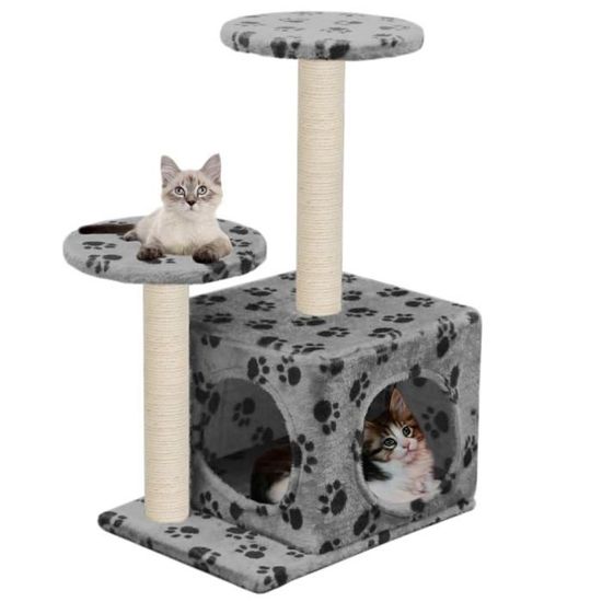Lia Meubles Pour Chats Arbre A Chat Avec Griffoir En Sisal Gris Motif De Pattes Agglomere Carton Tissu En Peluche 40x30x60 Cm Cdiscount Animalerie