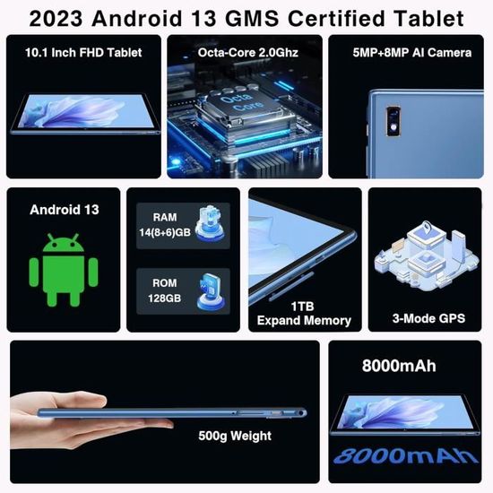 Tablette Android 13 GOODTEL 10 Pouces - 14Go RAM + 128Go ROM, WiFi 5G, 8000 MAh, Avec Étui, Clavier Et Souris - Noir