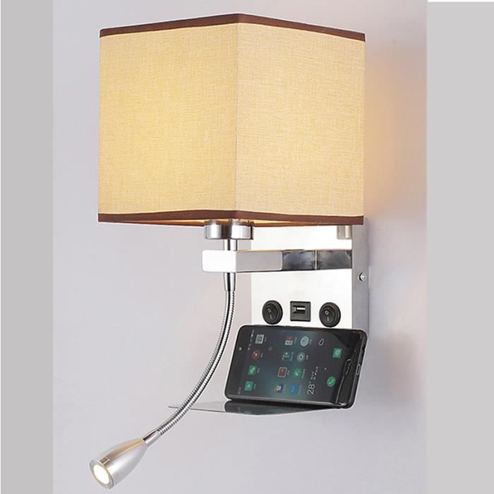 Applique de Chevet E27 5W LED Ampoule Blanc Chaud Applique de Lecture 2 en 1 USB Lampe Liseuse Lampe Murale Interieur Pour Chambre