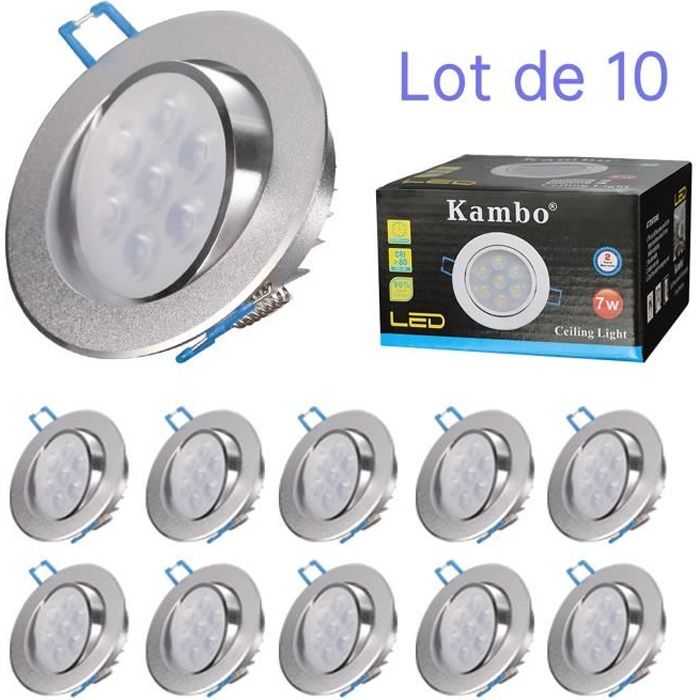10 x LED Encastrables Kambo Spots Étanche 7W Blanc Froid 6000K 30°Orientable, Plafonnier Encastré Luminaire Mince 630lm 230V IP23