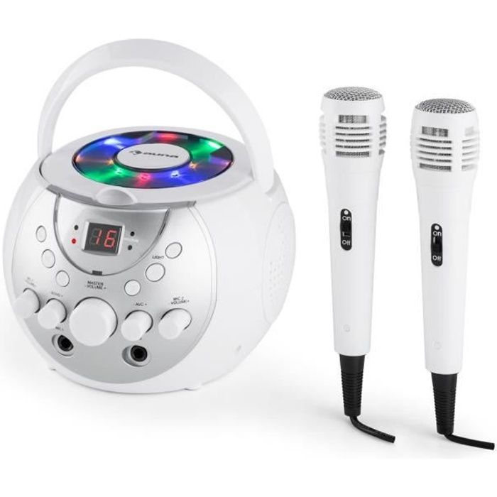 auna SingSing Lecteur karaoké CD multiformat portable avec écran LED + 2 micros - sortie vidéo CD+G et RCA - blanc