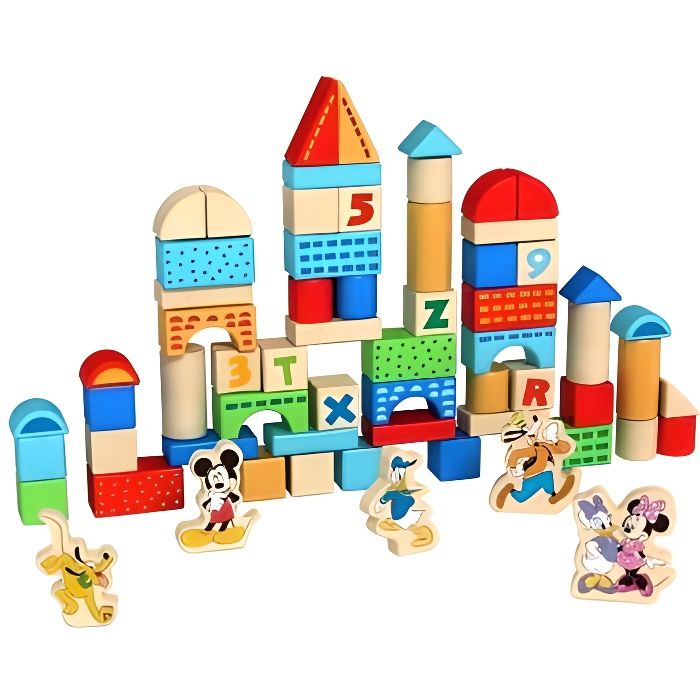 Seau Baril 100 cubes blocs en bois dont 5 Figurines Disney - Jeu construction - Bois FSC 100% - Jouet bebe, enfant