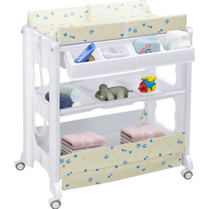 GIANTEX Table à Langer Bébé avec Baignoire et Matelas, 8 Compartiments de Rangement, Vidange et Ceinture de Sécurité, Blanc