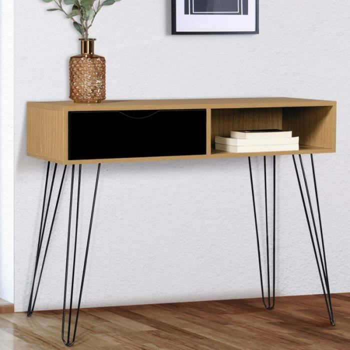 IDMARKET Console vintage NOEMI 1 tiroir latéral bois pied épingle
