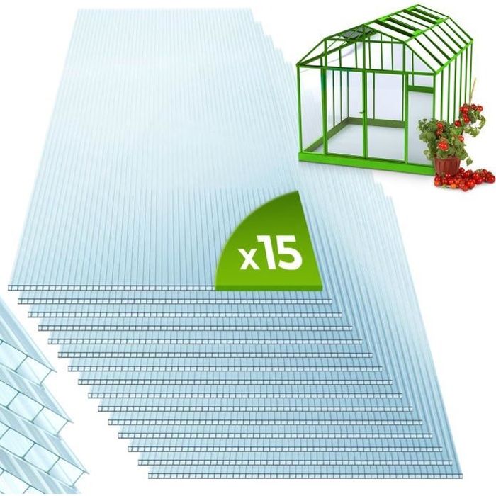 Lot de 15 Plaques en Polycarbonate - à Double Paroi, 121x60.5x0.4 cm, 11 m², UV Résistant - Feuilles, Panneaux pour Serre de Jardin