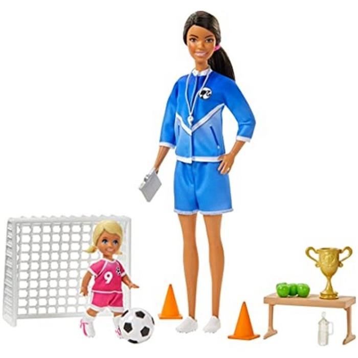 Barbie Métiers -Coffret poupée Coach de Football brune avec figurine d'enfant et accessoires