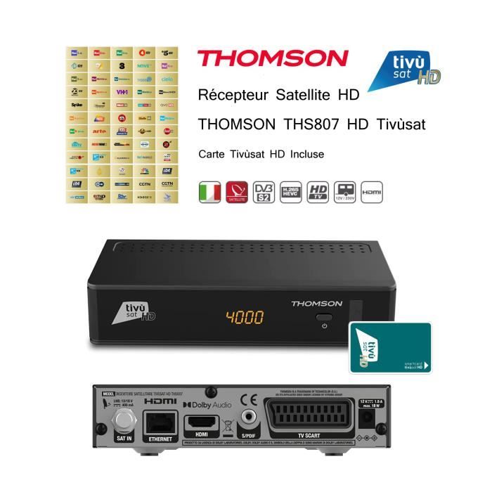 Pack Tivùsat Récepteur Sat HD THOMSON THS807 HD + Carte Tivùsat HD Activation Comprise - 60 Chaînes HD Italiennes & Internationales