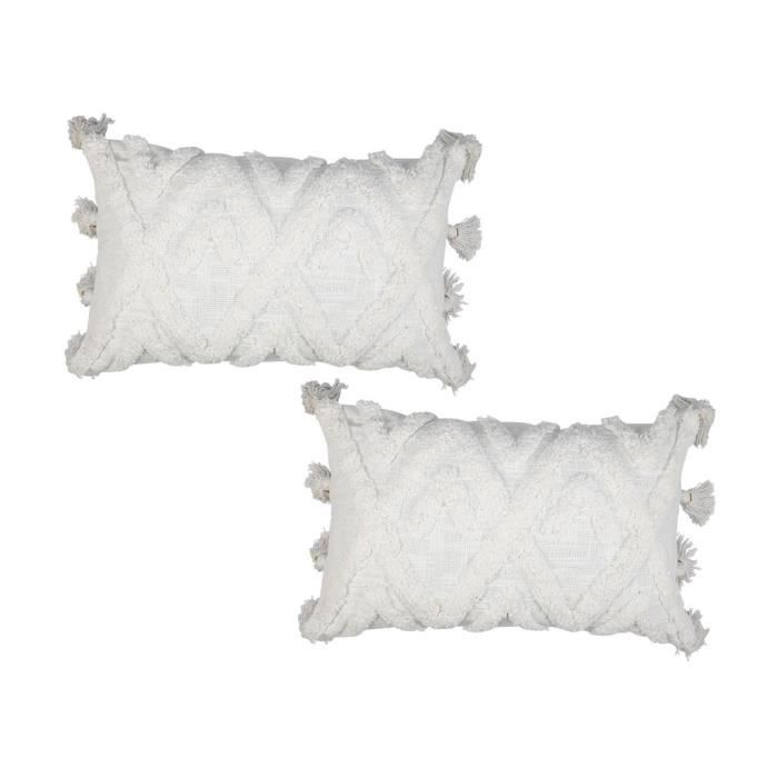 Lot de 2 coussins à pompons ASPEN - coton tufté - 30 x 50 cm - blanc