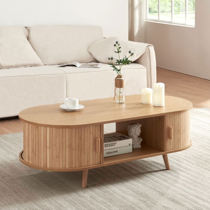 Table basse de salon Nordkapp avec portes coulissantes MDF bambou bois 120 x 55 x 40 cm naturel