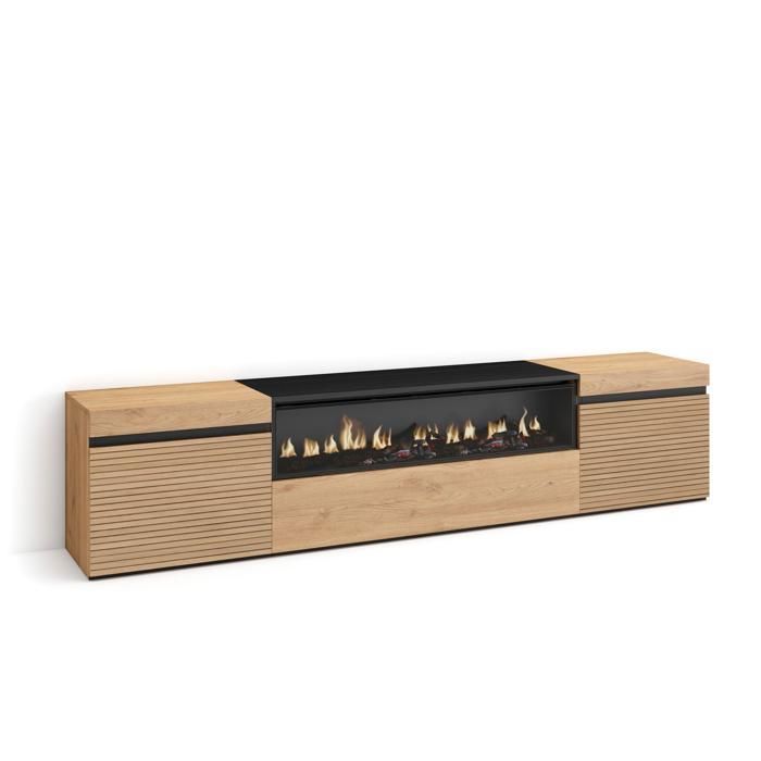 Meuble TV Banc Télé 200x35x45 cm Pour les TV jusquà 80 Cheminée électrique Chêne RF3315 Meuble TV Banc Télé 200x35x45 cm Pour les TV jusquà 80 Cheminée électrique Chêne RF3315