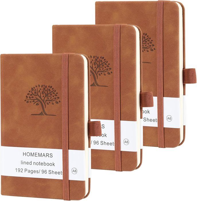 3 Carnets De Notes Pocket En Cuir Végétalien - Motif Arbre Relief, Fermeture Élastique - 14,4x9,6cm, 192 Pages