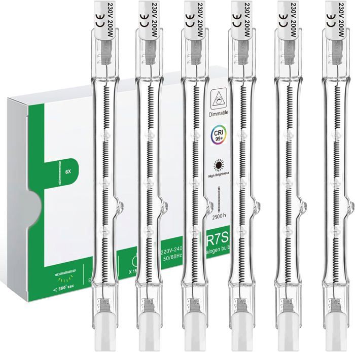 Lot de 6 R7S Ampoule Halogène 118mm 200W Ampoule Halogène R7S 118mm 230V Lampe Tige Dimmable pour Spot de Bâtiment Eclairage