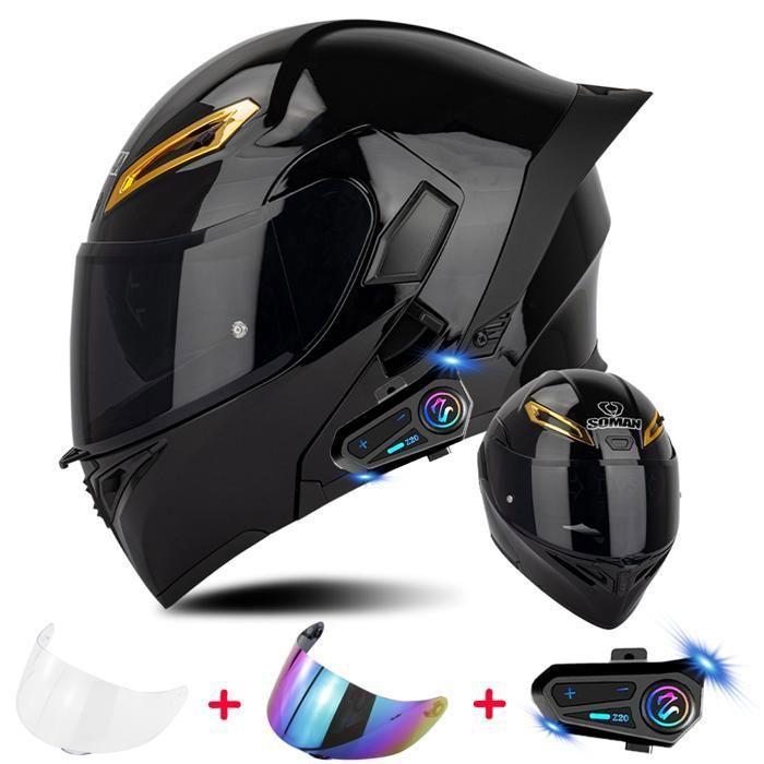 Casque Moto Bluetooth Modulable ECE Homologué - Intégral Double Visière Avec Haut-Parleurs Et Micro M-XXL