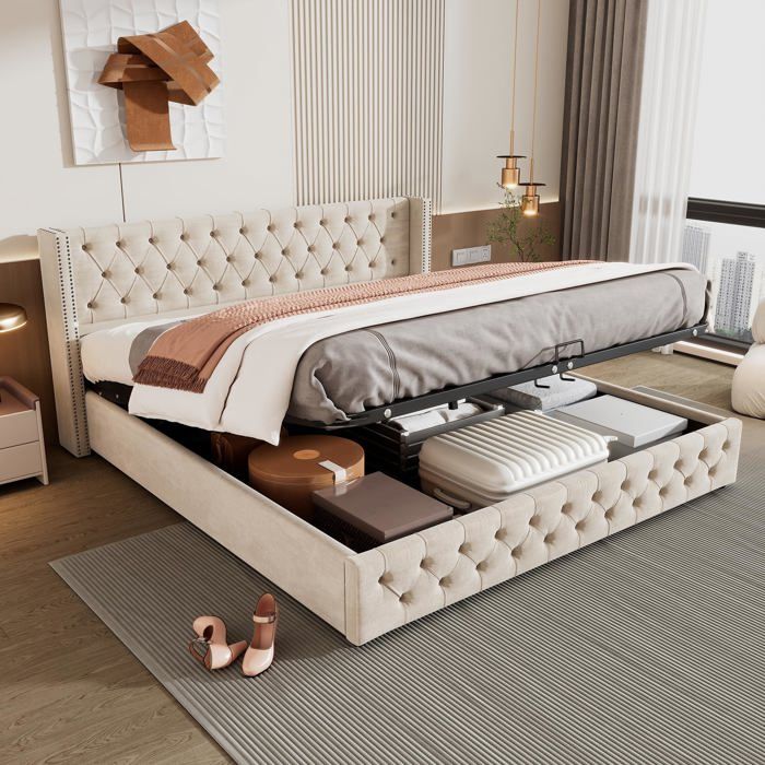 Lit Coffre 140x190 cm avec Sommier à Lattes avec Rangement en Flanelle Lit Capitonné Double pour Adolescents et Adultes Beige