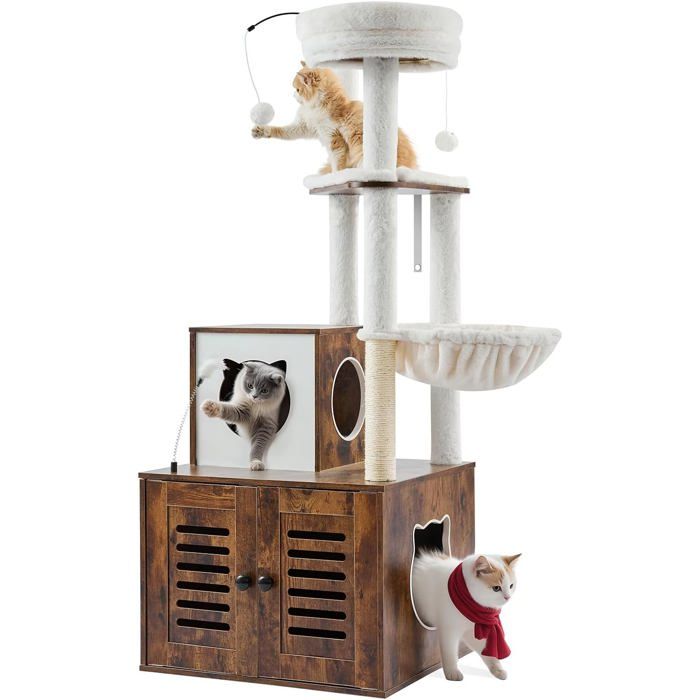 Meilleurs prix pour Arbre À Chat 140 Cm Grand Tour DEscalade À Chats 2 En 1 Avec Meuble À Bac À Litière Condo À Plusieurs Niveaux Avec Perchoir