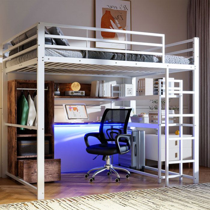 Lit mezzanine - LANGTU - 140x200 - Métal & MDF - Bureau intégré - Éclairage LED 16 couleurs