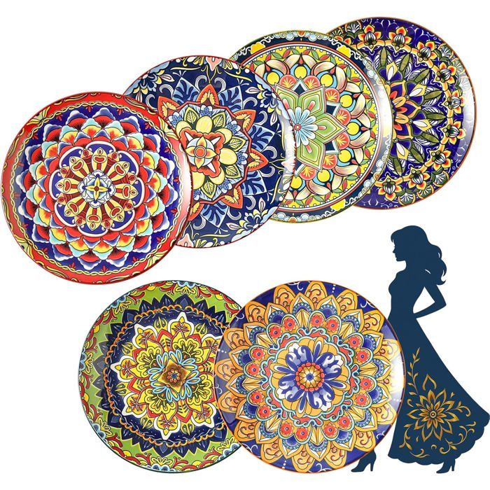Lot de 6 Assiettes en Céramique Style Bohème - Idéales pour Salade Dessert Entrée Petit-déjeuner - Colorées et Décoratives
