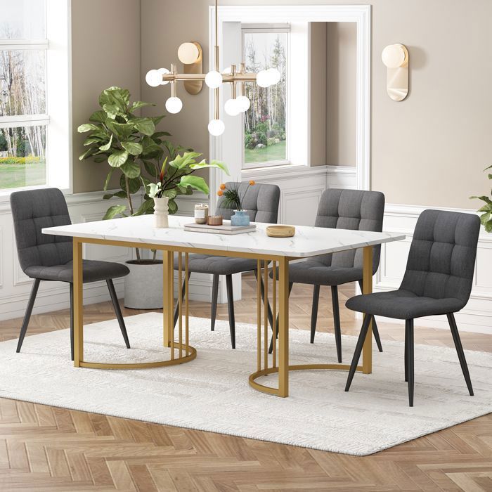 Ensemble Salle à Manger - Merax - 5 Pièces - Pieds Métal Doré - Plateau Marbré - Chaises Lin Gris Ensemble Salle à Manger - Merax - 5 Pièces - Pieds Métal Doré - Plateau Marbré - Chaises Lin Gris