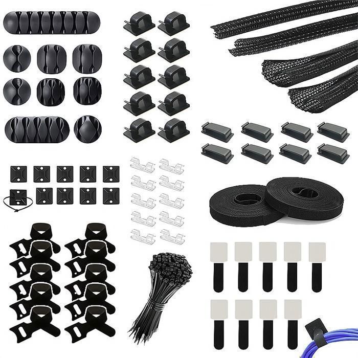 173 Pcs Cable management - Cable management bureau - Rangement cable - 4 Manchon de Câble Gaine - 100 Serre Câbles