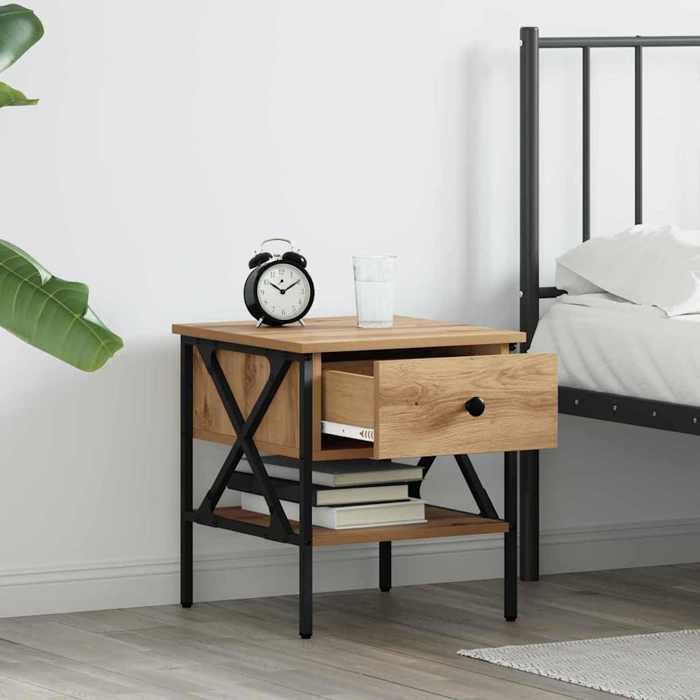 Table de chevet industrielle - vidaXL - 2 pièces - Chêne artisanal - 40x42x45 cm - Avec tiroir - Avec étagère