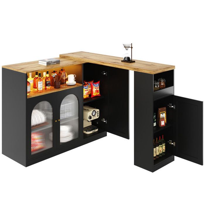 Table de bar rotative à 360° armoire noire mate avec bureau en grain de bois avec porte Darmoire en verre et lumière LED buffet