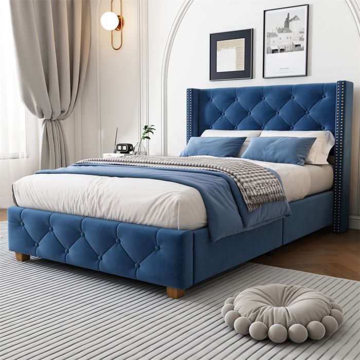 Lit capitonné velours bleu 90x200 cm avec sommier à lattes et pieds bois — sans matelas