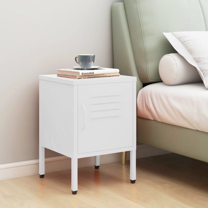 Table de chevet en acier - VIDAXL - Blanc - 35x35x51 cm - 1 étagère réglable - Serrure intégrée - Niveleurs ajustables