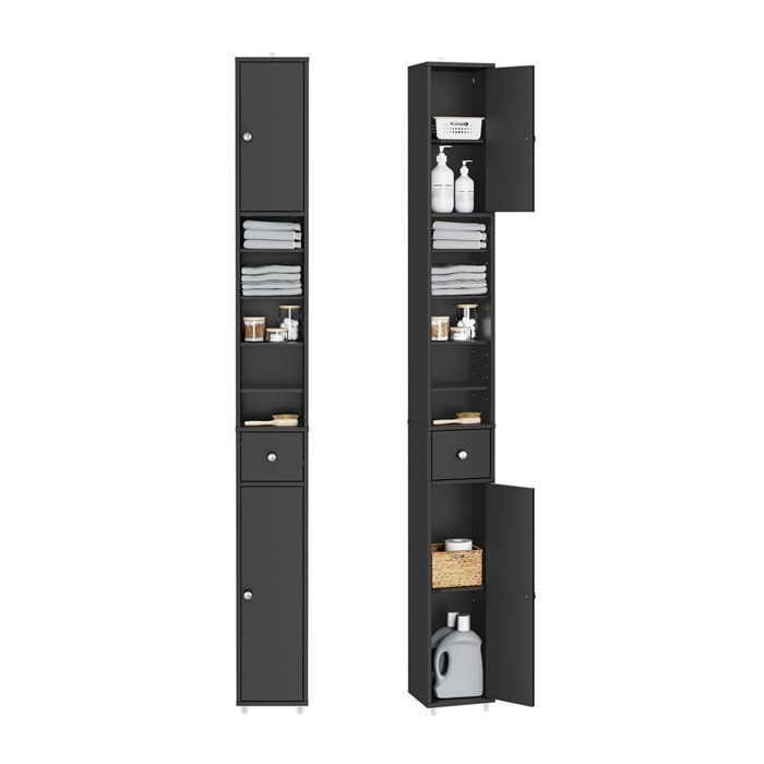 SoBuy Meuble Salle de Bain Colonne Salle de Bain 180cm Armoire de Rangement Étroite 20x20cm avec Étagères Réglables et Tiroir Noir