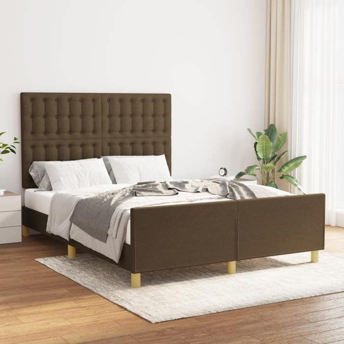 Cadre de lit tissu - UU - 140x190 cm - Marron foncé - Tête de lit réglable - Pieds robustes - Lattes de contreplaqué