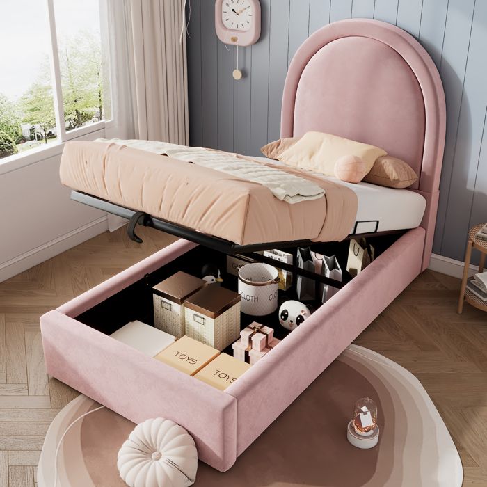 Lit enfant capitonné 90x190 cm velours rose avec sommier à lattes et coffre - sans matelas