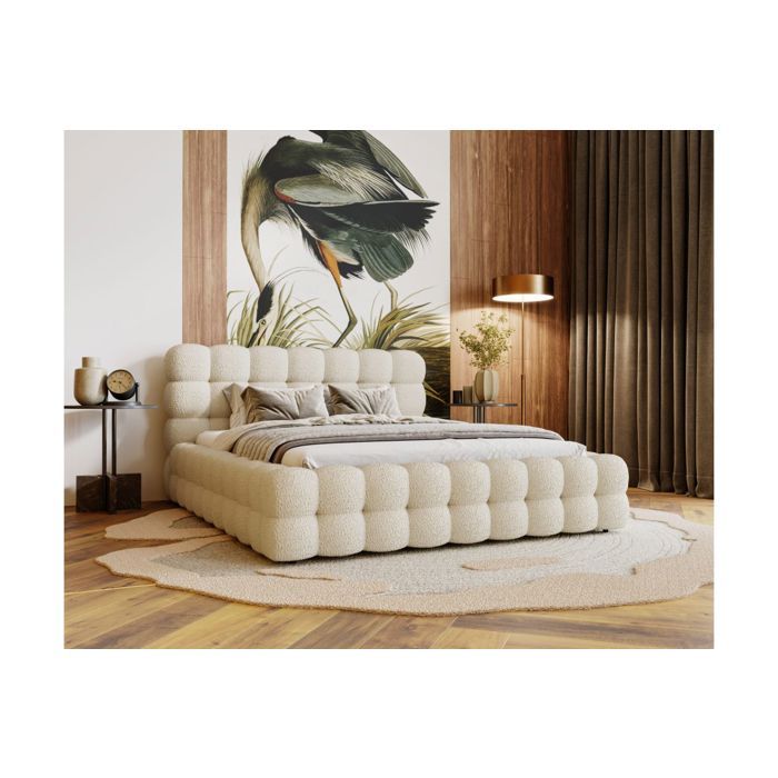 Cadre de lit avec coffre CARLY en tissu bouclette - Blanc - Dimensions du couchage : 140 x 200 cm